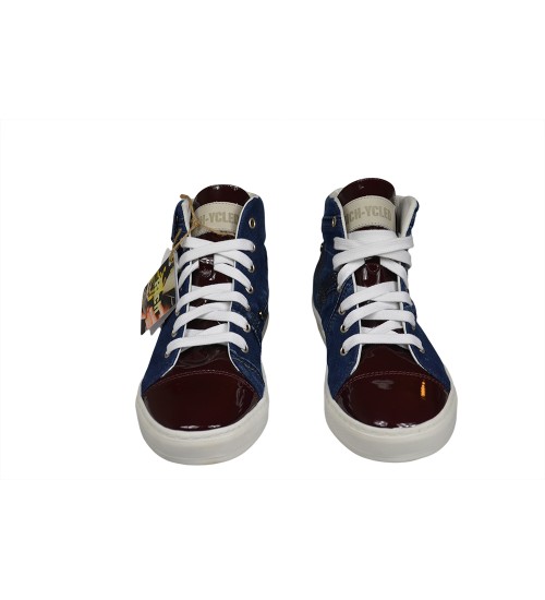 Handmade sneakers blue and  bordeaux shining leather.